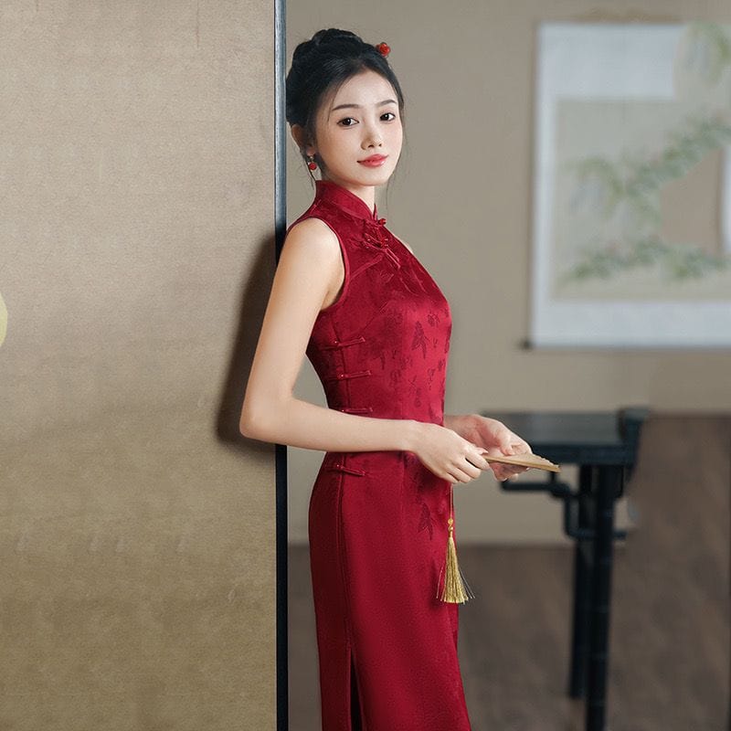 Beth and Brian Qipao-ZQYS New Chinese style (新中式), jacquard red midi Qipao