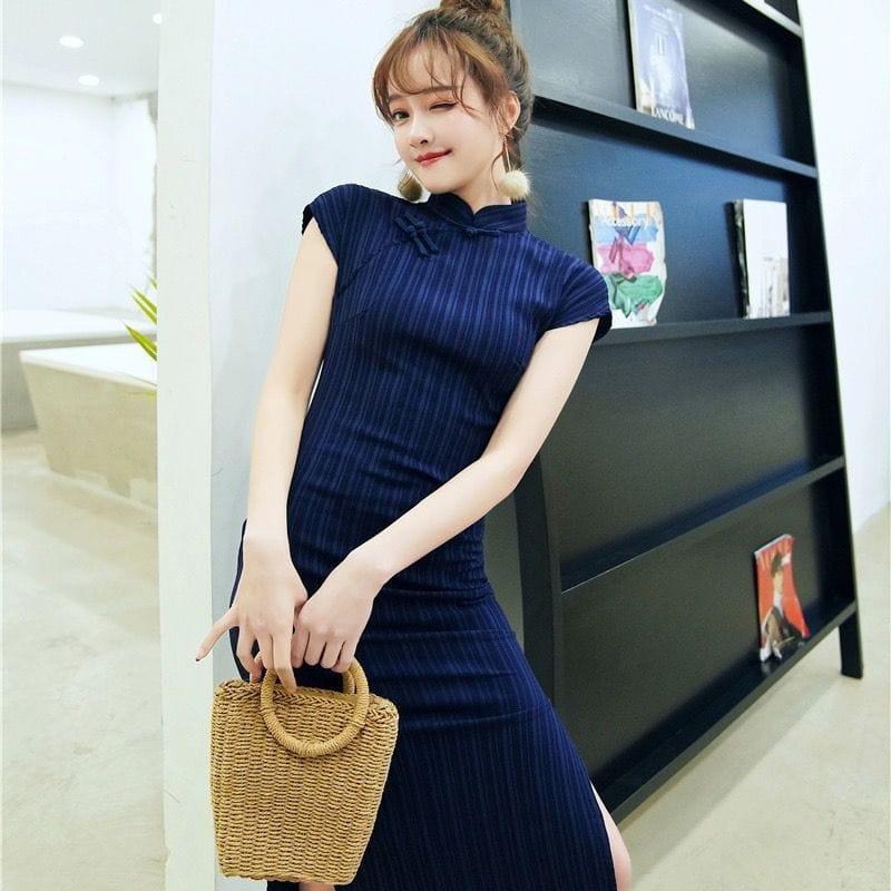 Beth and Brian Qipao - JN Cotton&linen fabric, stripe pattern,blue mid-length Cheongsam
