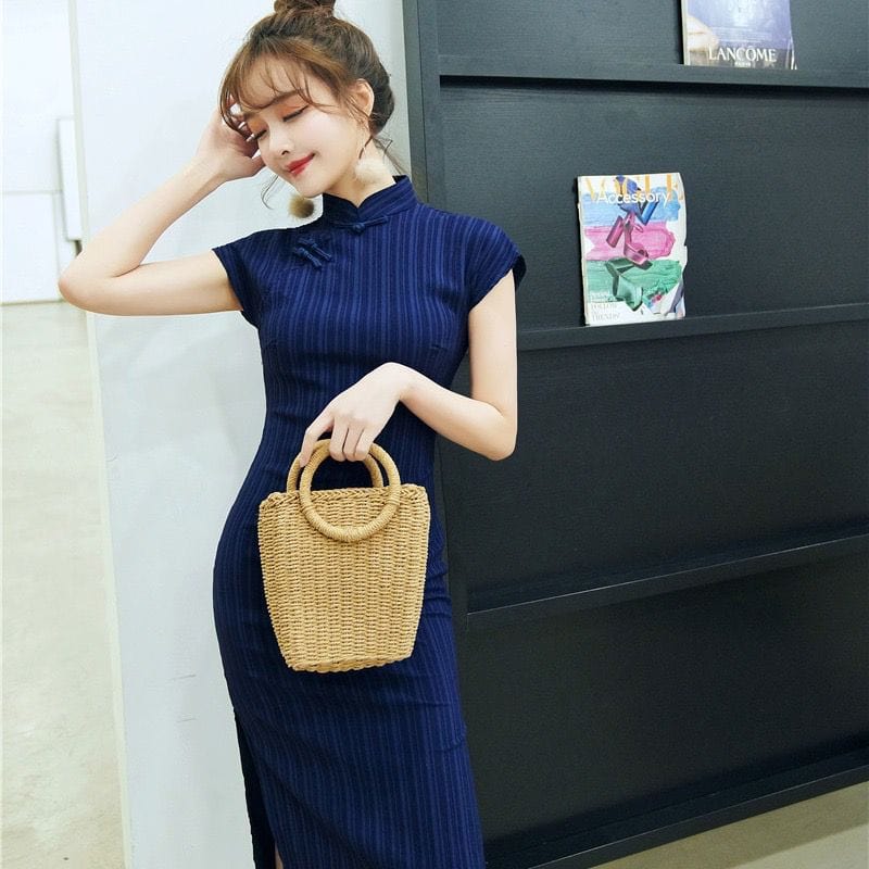 Beth and Brian Qipao - JN Cotton&linen fabric, stripe pattern,blue mid-length Cheongsam