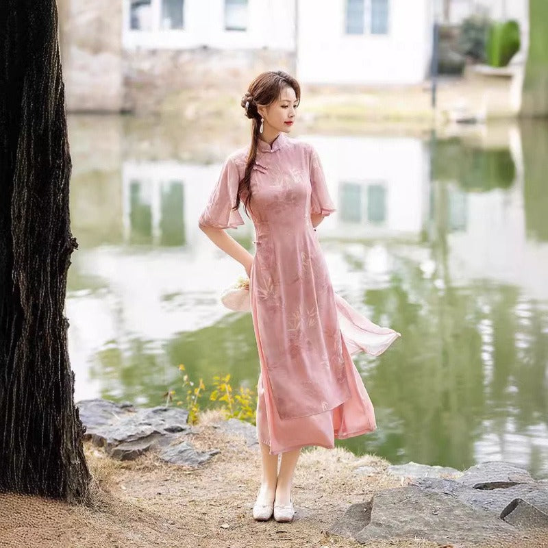 Beth and Brian Qipao-TMY Summer collection,  silk pink mid-length Ao dai