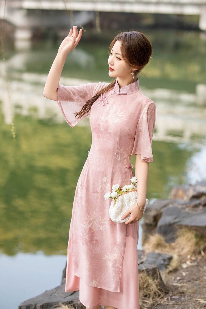 Beth and Brian Qipao-TMY Summer collection,  silk pink mid-length Ao dai
