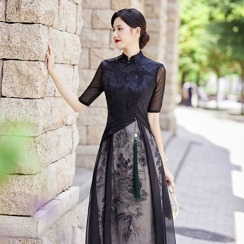 Chinese dress, traditional daily Qipao, floral sleeveless