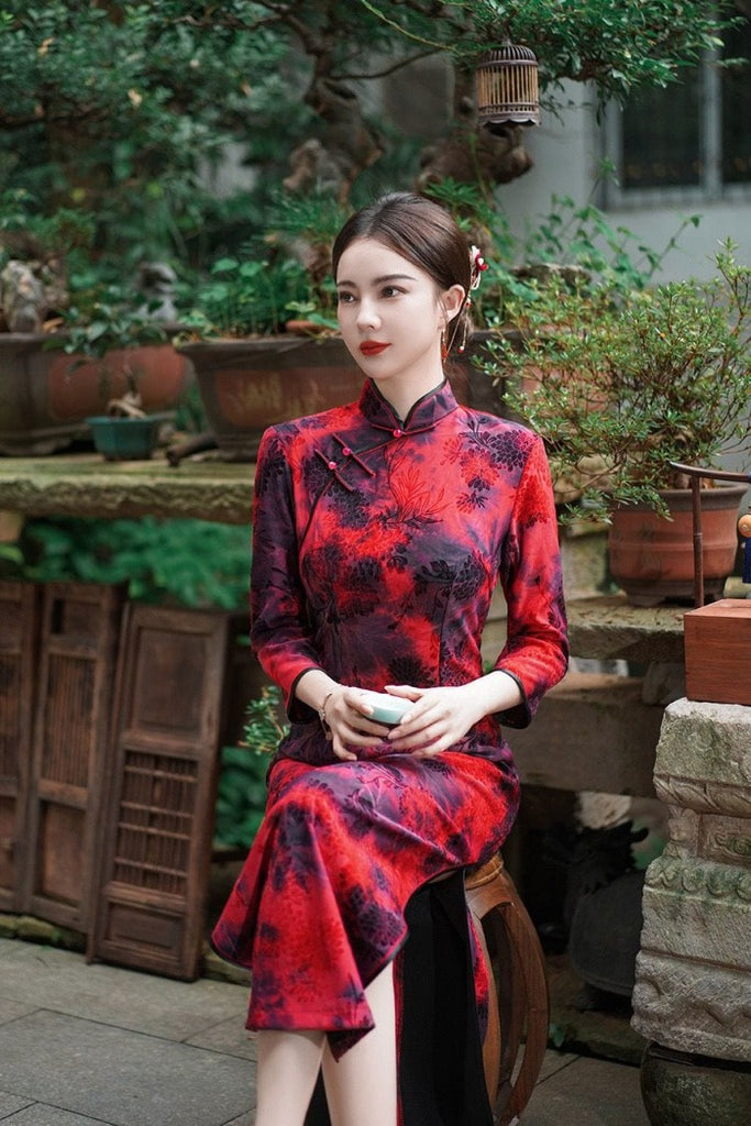 Beth and Brian Qipao-JX Chinese retro style, velvet fabric,  long plus size Cheongsam
