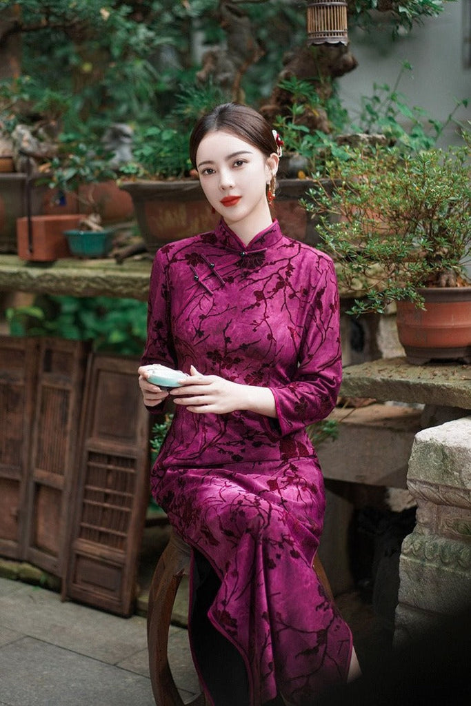 Beth and Brian Qipao-JX Chinese retro style, velvet fabric,  long plus size Cheongsam