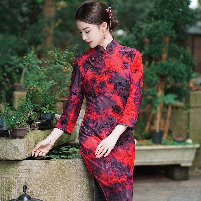 Beth and Brian Qipao-JX Chinese retro style, velvet fabric,  long plus size Cheongsam