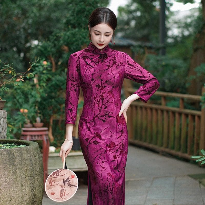 Beth and Brian Qipao-JX Chinese retro style, velvet fabric,  long plus size Cheongsam