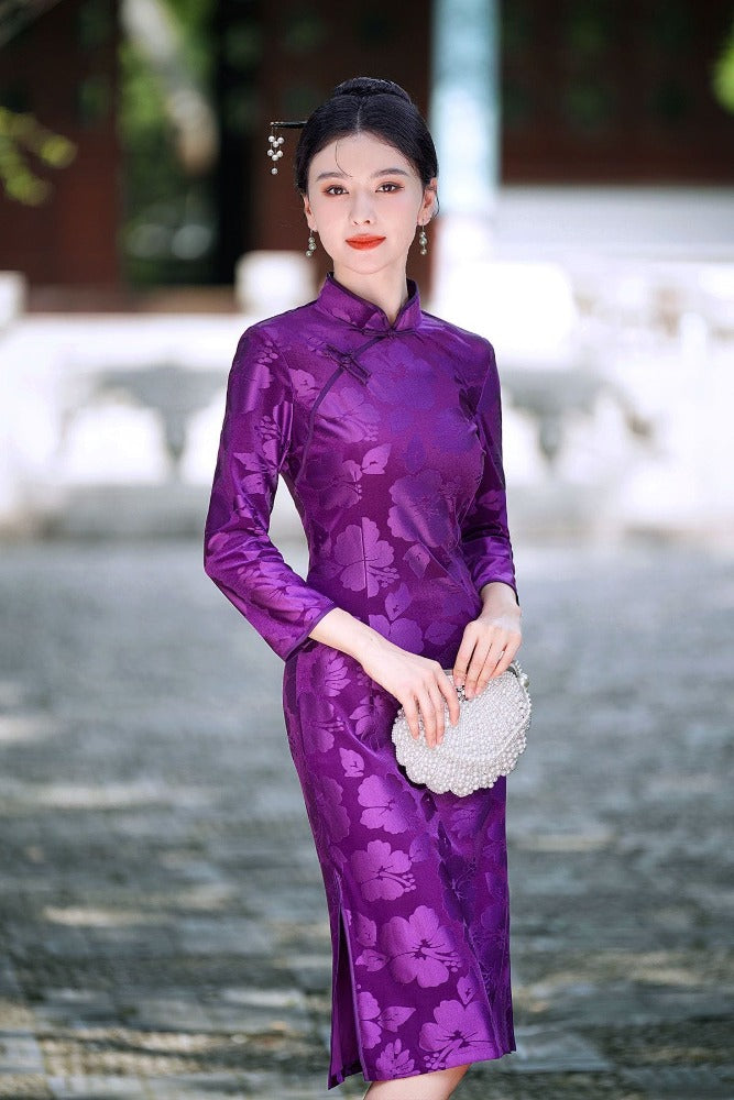 Beth and Brian Qipao-JY Floral pattern, velvet midi plus size Cheongsam