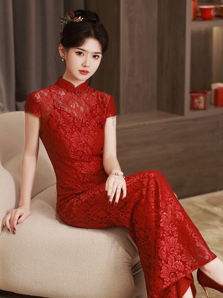 Beth and Brian Qipao-HY Floral pattern, lace fabric, wedding mermaid Cheongsam