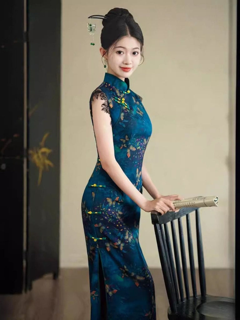 Beth and Brian Qipao-JQZ New Chinese style (新中式), butterfly pattern, blue midi Cheongsam