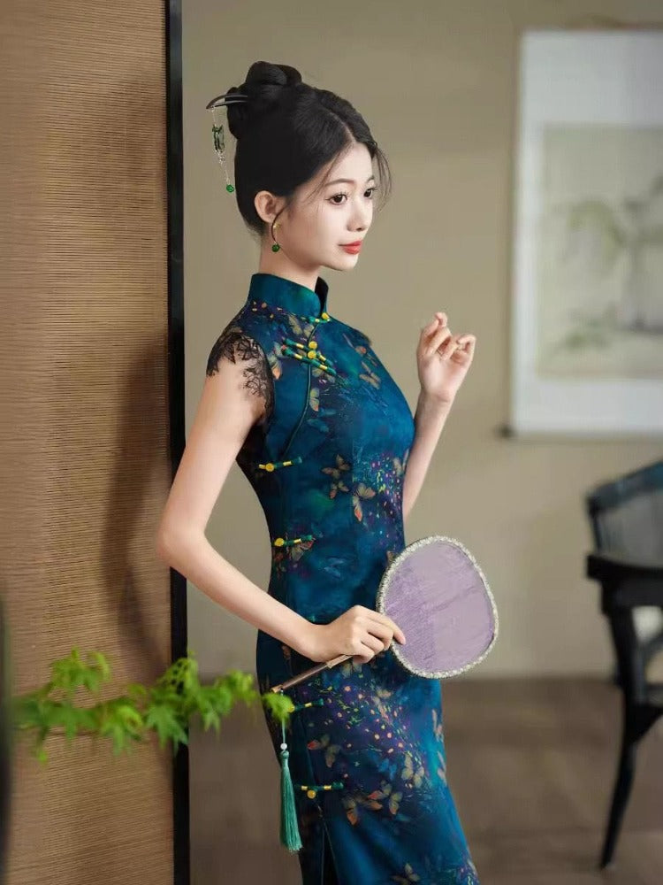 Beth and Brian Qipao-JQZ New Chinese style (新中式), butterfly pattern, blue midi Cheongsam