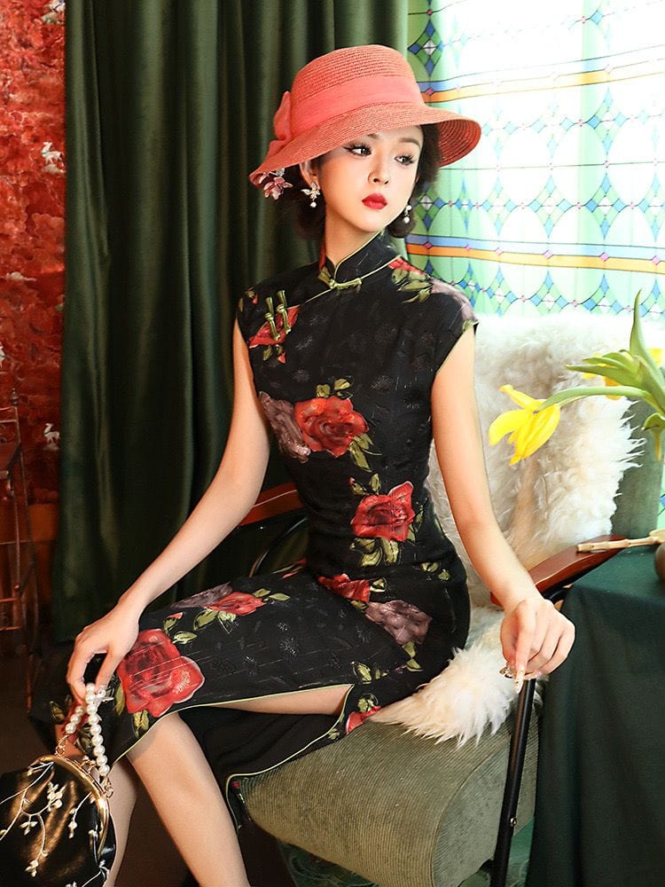 Beth and Brian Qipao-DXJ Rose pattern, satin fabric, sleeveless black long Cheongsam
