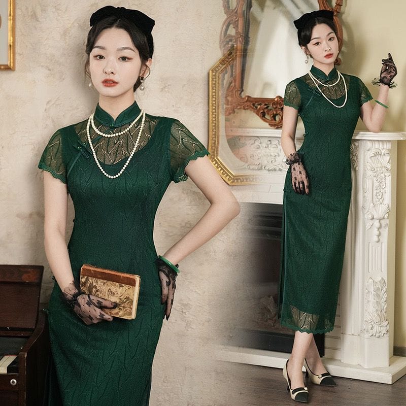 Beth and Brian Qipao-XL Summer collection, green lace midi Cheongsam