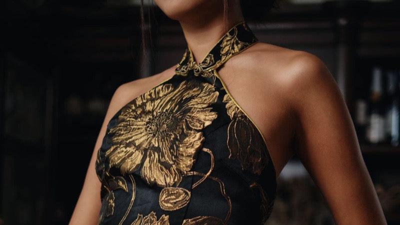 Beth and Brian Qipao - SDX Golden floral embroidery long Qipao