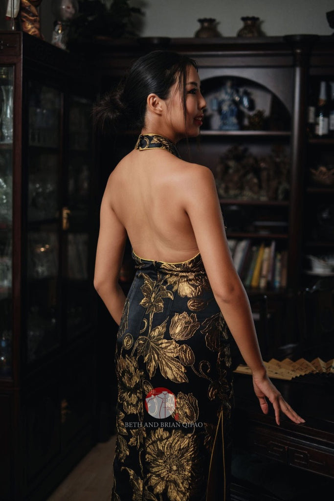 Beth and Brian Qipao - SDX Golden floral embroidery long Qipao