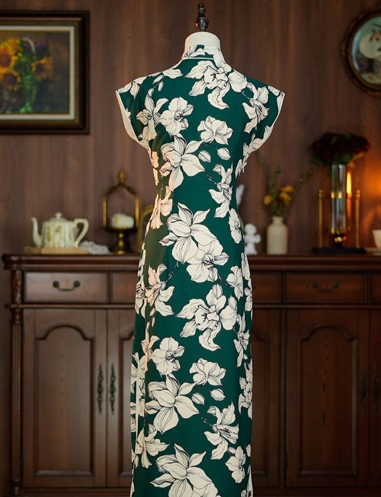 Beth and Brian Qipao-DXJ Summer colleciton, floral pattern, green midi Cheongsam