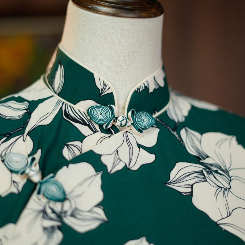 Beth and Brian Qipao-DXJ Summer colleciton, floral pattern, green midi Cheongsam