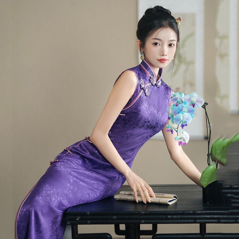 Beth and Brian Qipao-ZQYS Sleeveless, purple silk midi Cheongsam