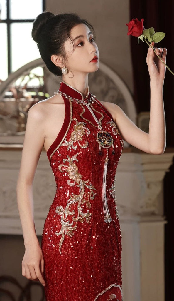 Beth and Brian Qipao-ASN Floral embroidery, high-end, Sequins wedding long Qipao