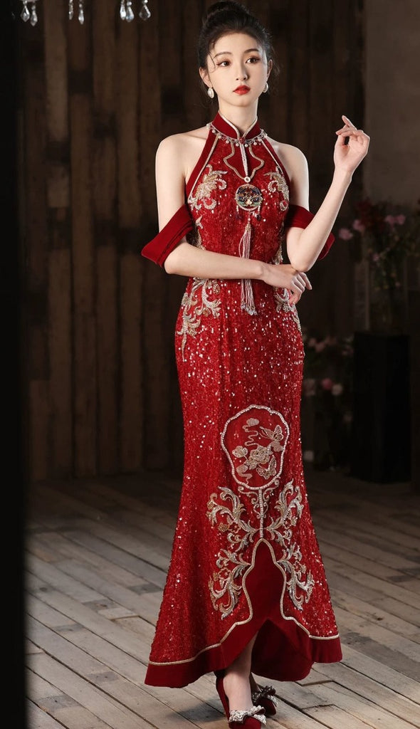 Beth and Brian Qipao-ASN Floral embroidery, high-end, Sequins wedding long Qipao