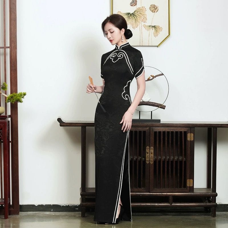 Beth and Brian Qipao-JNCT Floral pattern, high-end, black long Cheongsam