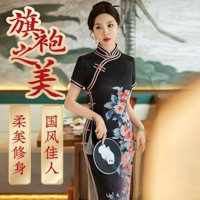 Beth and Brian Qipao-LHST Spring and summer collection, floral pattern long Cheongsam