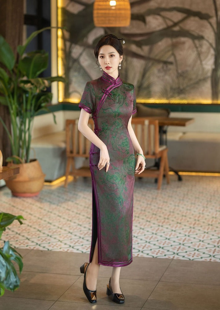 Beth and Brian Qipao-LHST Chinese retro style, floral pattern, plus size long Cheongsam