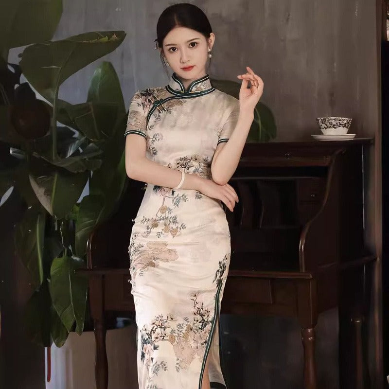Beth and Brian Qipao-HY Floral pattern, hua luo silk midi Cheongsam
