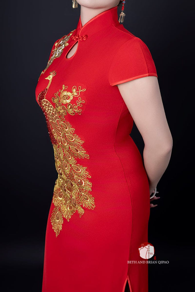 Beth and Brian Qipao - YB Exclusive designer collection, gold peacock long Qipao