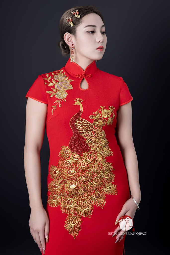 Beth and Brian Qipao - YB Exclusive designer collection, gold peacock long Qipao