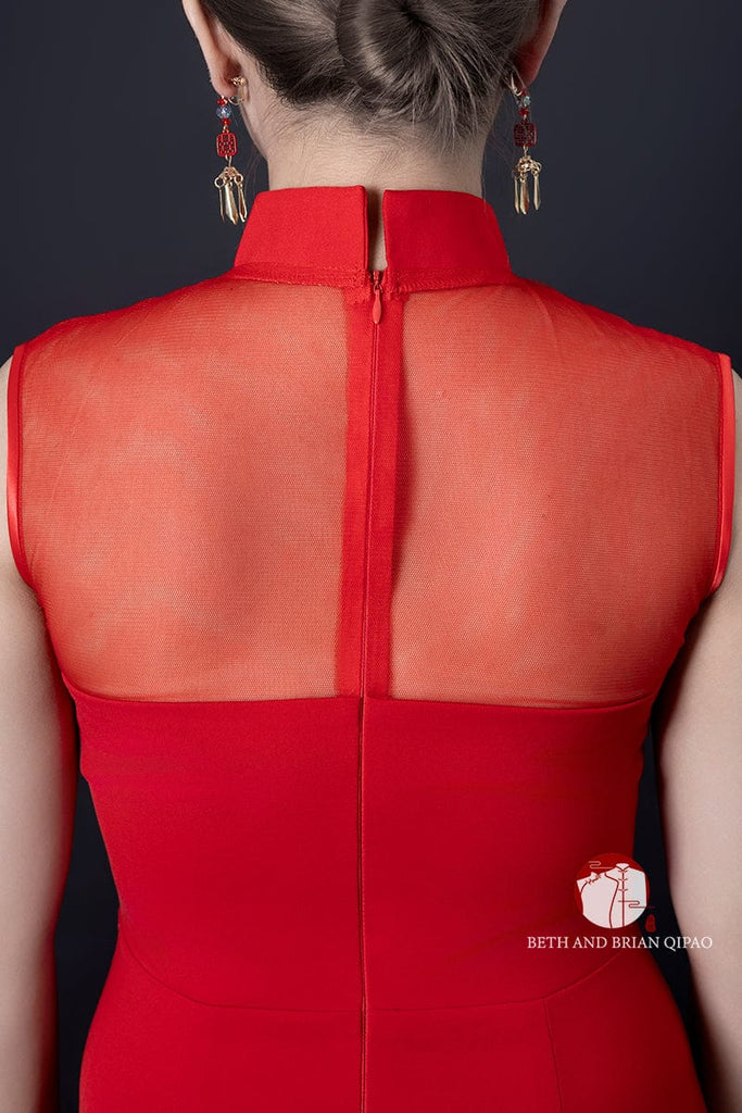 Beth and Brian Qipao - YB Exclusive designer collection, floral embroidery, red long Qipao