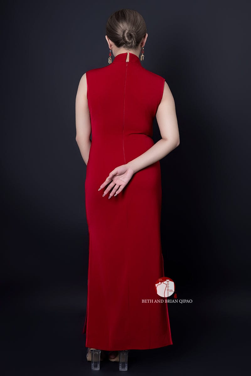 Beth and Brian Qipao - YB Exclusive designer collection, gold floral long red Qipao