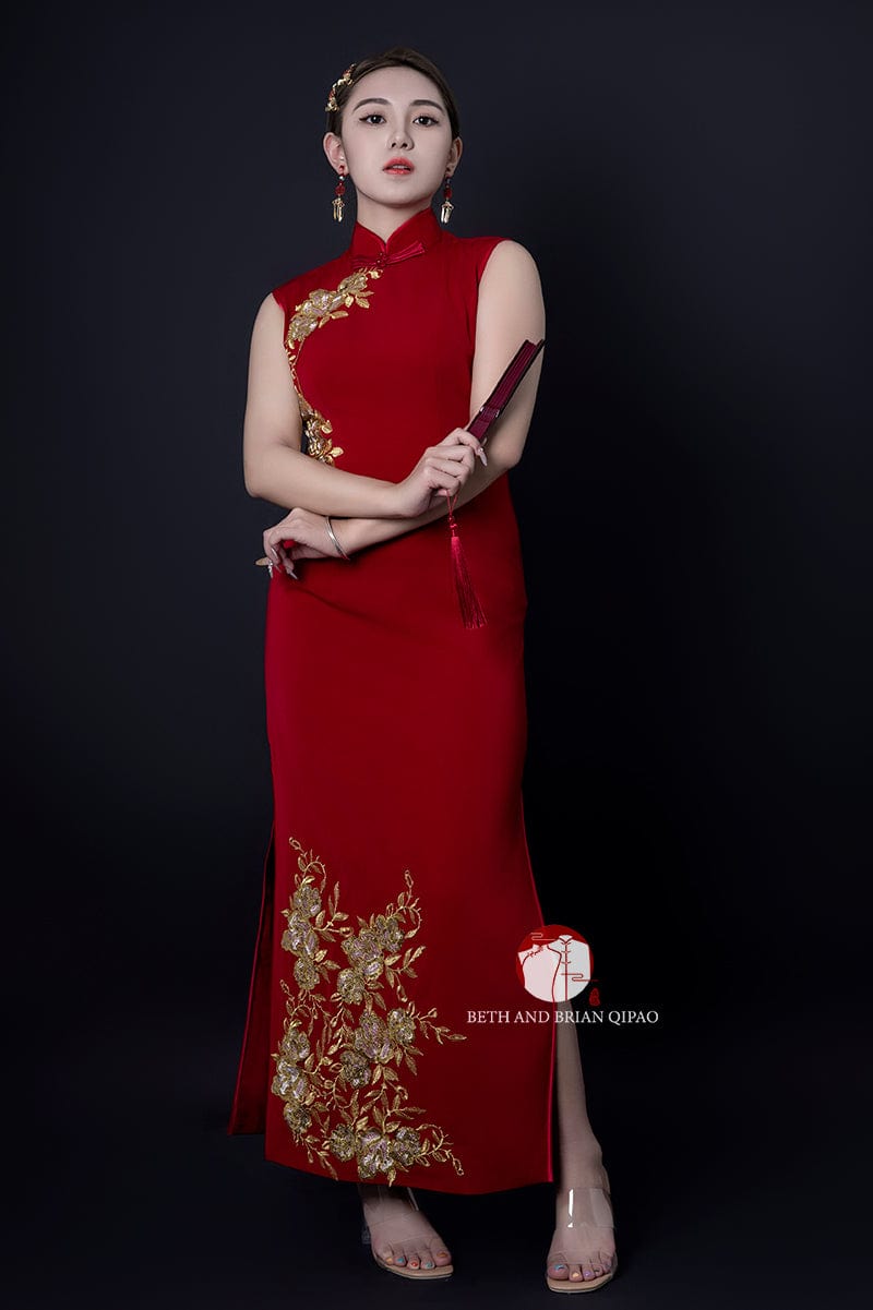 Beth and Brian Qipao - YB Exclusive designer collection, gold floral long red Qipao