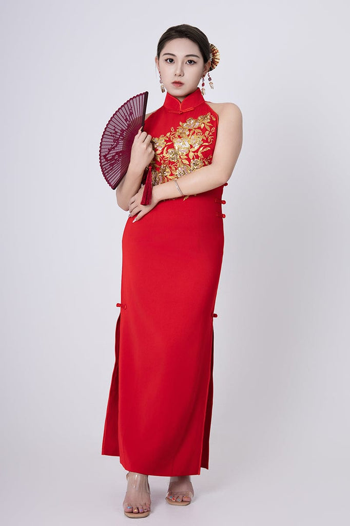Beth and Brian Qipao - YB Exclusive designer collection, floral embroidery, sleeveless long Qipao