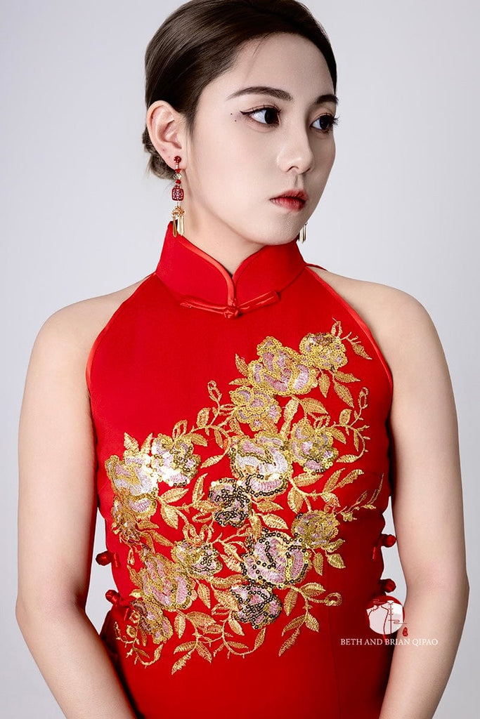 Beth and Brian Qipao - YB Exclusive designer collection, floral embroidery, sleeveless long Qipao