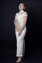 Beth and Brian Qipao - YB Peacock embroidery, beige Qipao