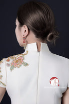 Beth and Brian Qipao - YB Peacock embroidery, beige Qipao