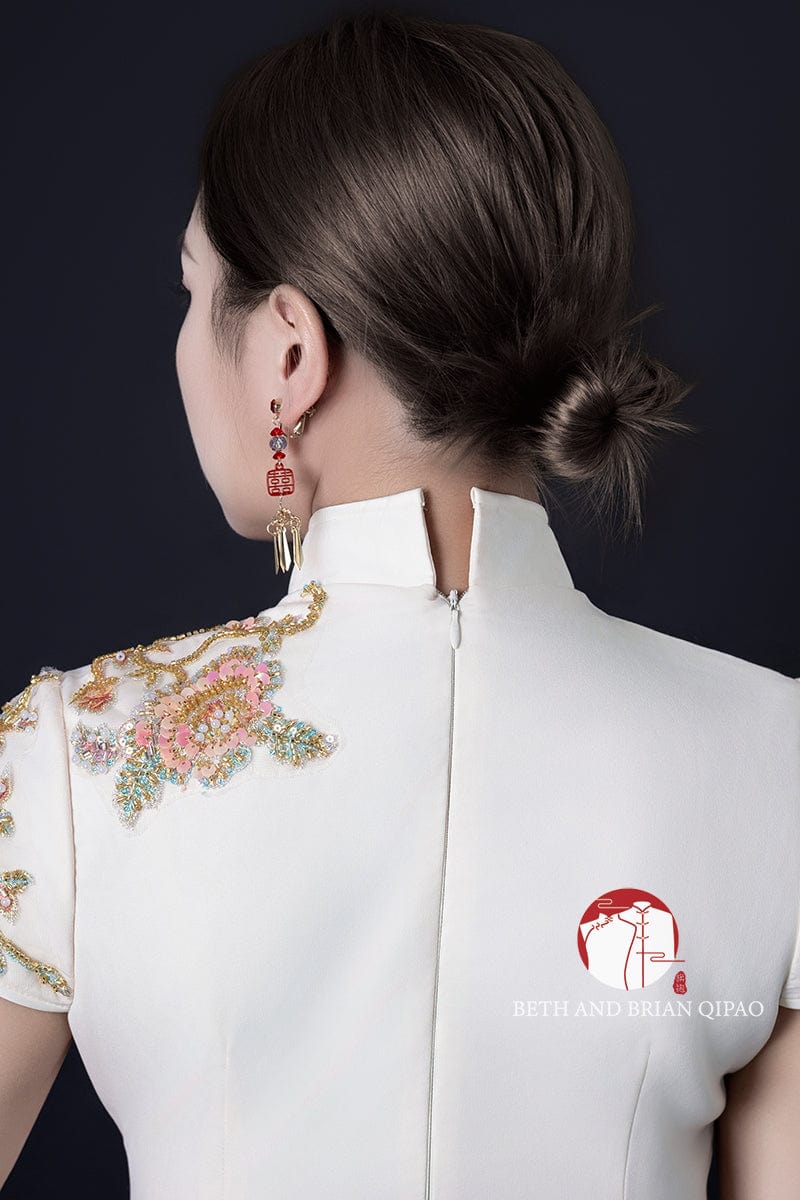 Beth and Brian Qipao - YB Peacock embroidery, beige Qipao