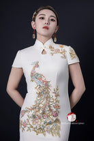 Beth and Brian Qipao - YB Peacock embroidery, beige Qipao