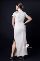 Beth and Brian Qipao - YB Peacock embroidery, beige Qipao