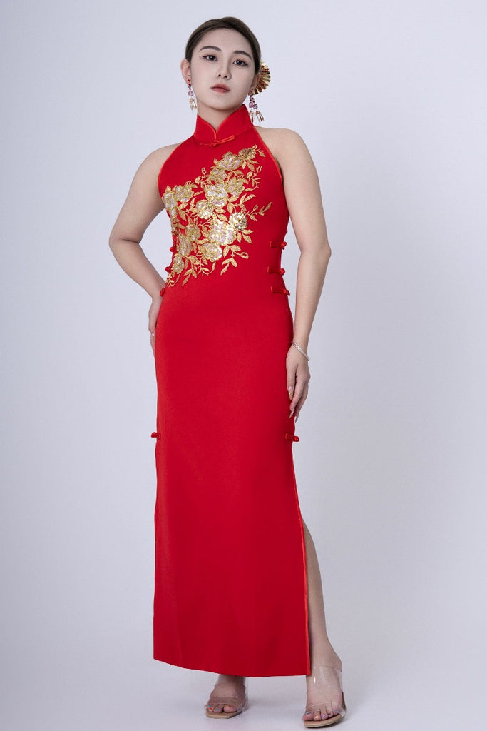 Beth and Brian Qipao - YB Exclusive designer collection, floral embroidery, sleeveless long Qipao