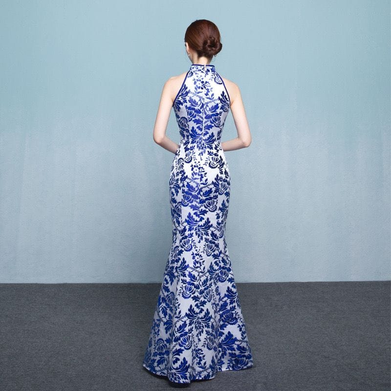 Beth and Brian Qipao-ASA Blue and white porcelain, sleeveless fishtail Cheongsam