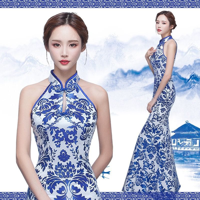 Beth and Brian Qipao-ASA Blue and white porcelain, sleeveless fishtail Cheongsam