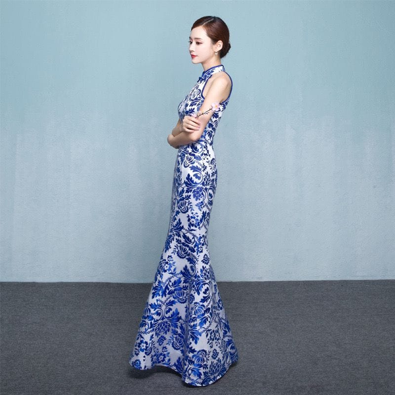 Beth and Brian Qipao-ASA Blue and white porcelain, sleeveless fishtail Cheongsam