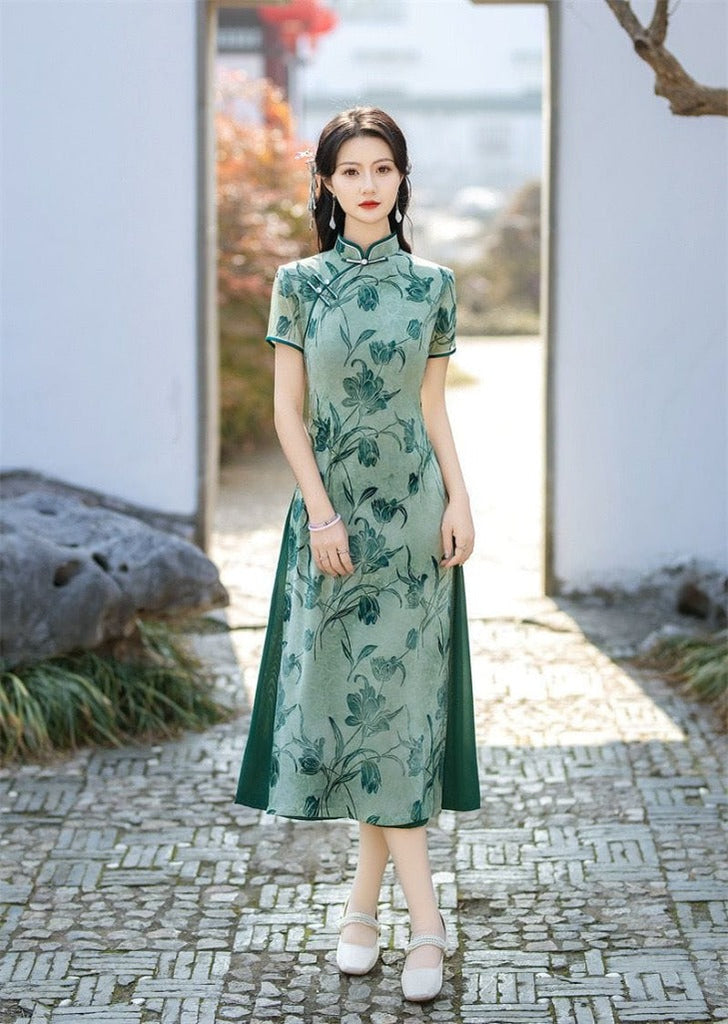 Beth and Brian Qipao-SYK Flocking jacquard fabric, daily midi Ao dai