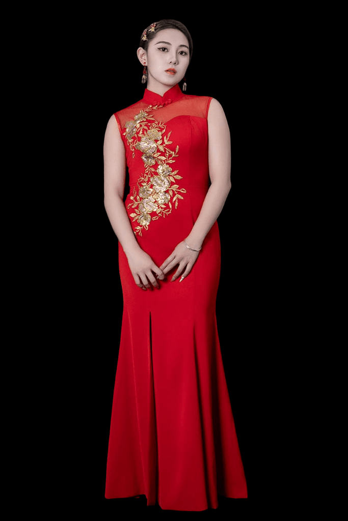 Beth and Brian Qipao - YB Exclusive designer collection, floral embroidery, red long Qipao