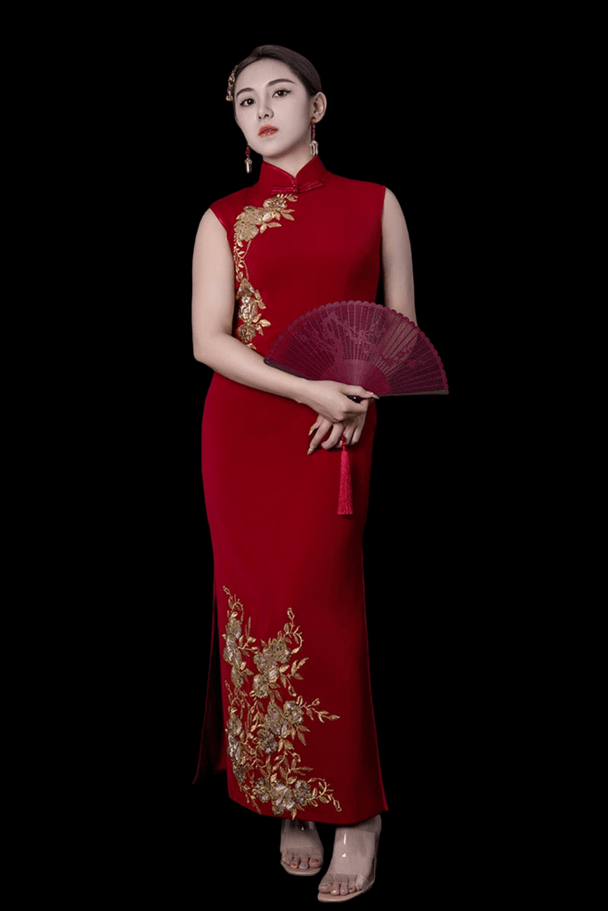 Beth and Brian Qipao - YB Exclusive designer collection, gold floral long red Qipao