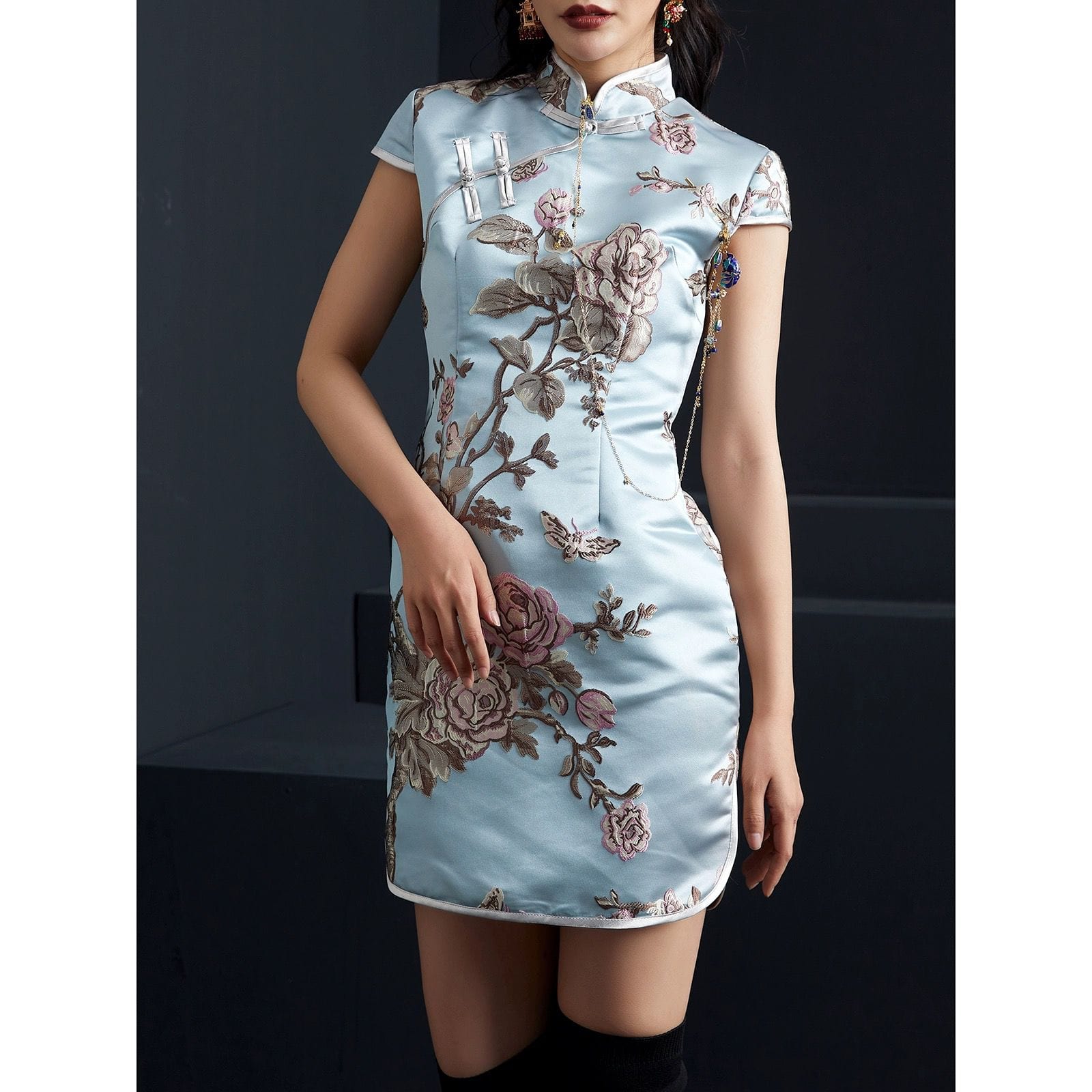Beth and Brian Qipao - FL Chinese modern style, high end rose jacquard short Cheongsam