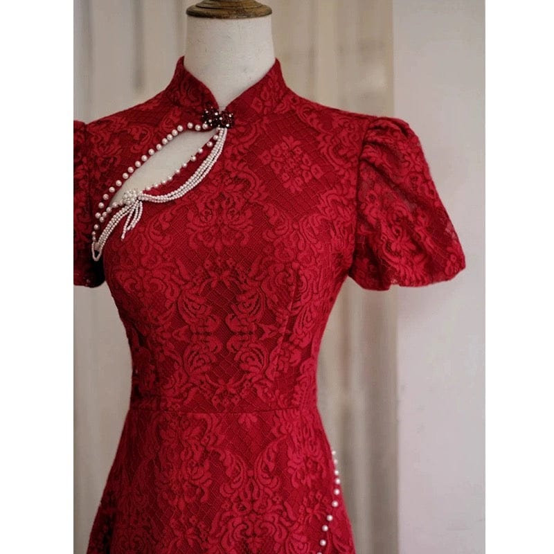 Beth and Brian Qipao - ELSB Modern style, lace fabric, backless burgundy fishtail Qipao