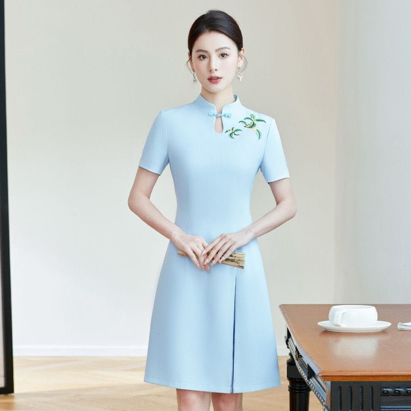 Beth and Brian Qipao -TQ Leaf embroidery, A-line short Qipao