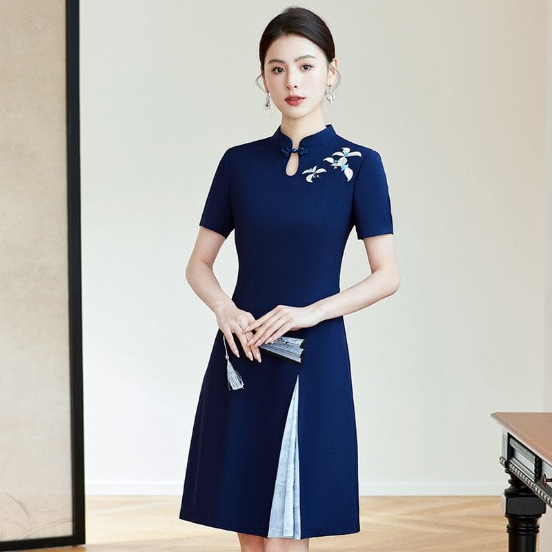 Beth and Brian Qipao -TQ Leaf embroidery, A-line short Qipao